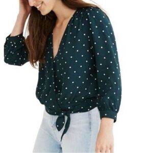 Madewell  spruce green with white polka dots wrap front 3/4 sleeve top. Size XXS